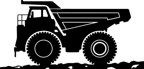 Giant Mining Dump Truck Silhouette Driving on Rough Quarry Road Vector Illustration © Yogaswara
