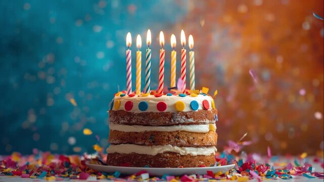A cheerful birthday cake with three lit candles, colorful sprinkles, and vibrant confetti exploding around it