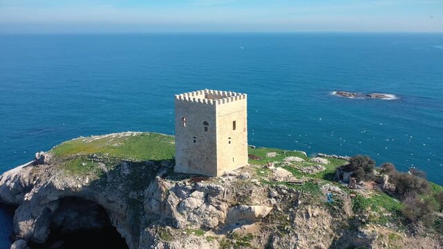 Sile Historical Watchtower in Istanbul. The 2000 year old Sile Castle, also known as the Ocakli Island Castle, from the Genoese. Aerial view