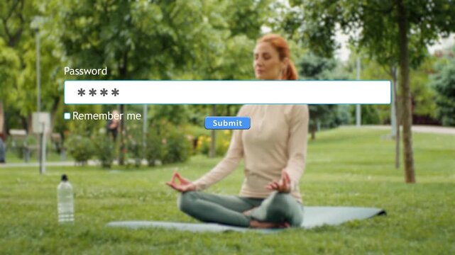 User types password into a form on a computer while a woman does yoga in the park. The grass is green and trees surround the area on a sunny day.