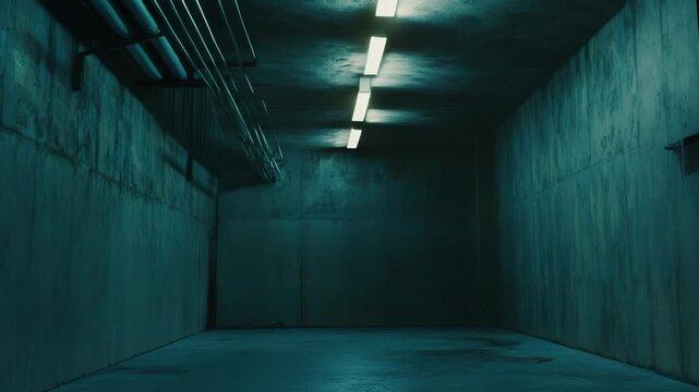 Dark concrete room featuring strong linear fluorescent lights illuminating a long, eerie, and isolated underground space with exposed industrial pipes along the ceiling