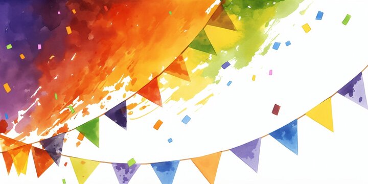 Boho style rainbow colored half circular bunting. Watercolor brushstroke background with confetti. Festive decoration for party, celebration. Banner with copy space