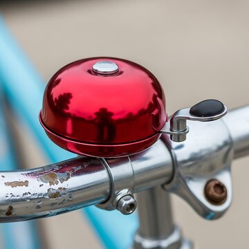 Shiny red bicycle bell on handlebar closeup