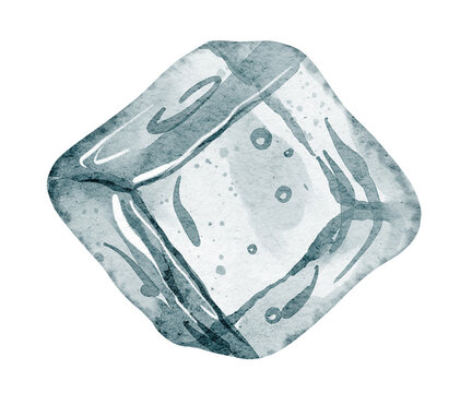 Watercolor illustration of Ice Cubes with transparent texture and light reflections. Frozen water elements isolated for beverage design, cocktail menus, packaging, bar graphics and drink branding.