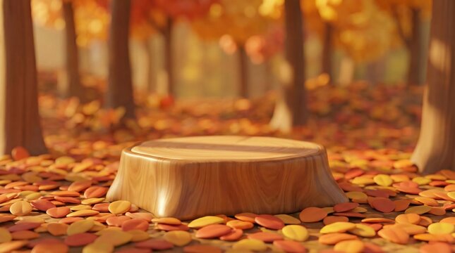 Wooden stump surrounded by fallen autumn leaves in forest