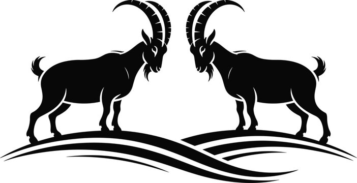 ibex, goat, mountain, silhouette, vector, capricorn, nature, animal, wildlife, horn, alpine, wild, wilderness, landscape, black