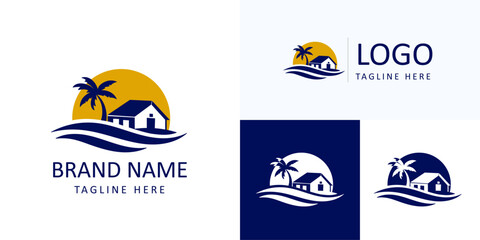 Fototapeta premium Sunrise luxury logo with beach house palm tree and ocean waves tropical waterfront branding set