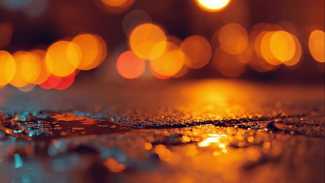 A wet, reflective street at night illuminated by blurred, colorful city lights creating a vibrant bokeh effect