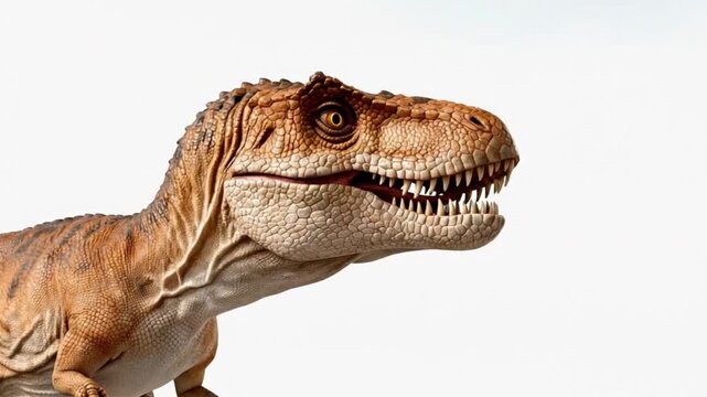 A dinosaur is shown with its mouth wide open, looking at the camera