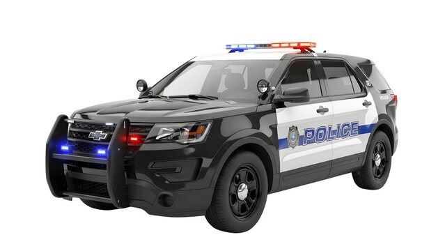 A police car with flashing lights on a transparent background
