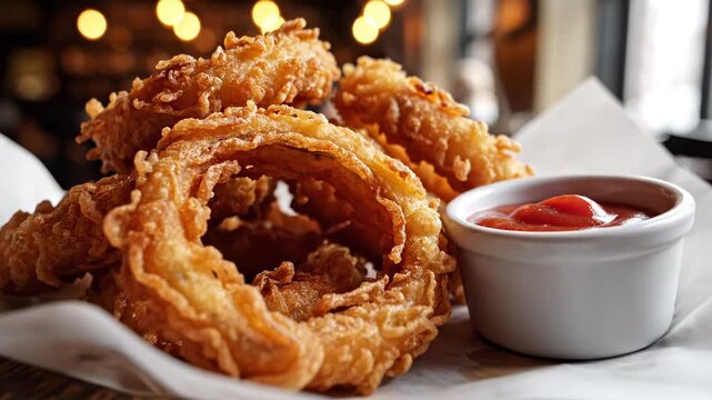 Crispy onion rings with golden fried coating and ketchup sauce on side highlight onion as core. Onion rings, fried onion, and snack onion repeat for unhealthy snack, fastfood