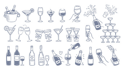 Cocktail and champagne doodle set with wine glasses bottles and party drinks hand drawn vector collection © Bohdan