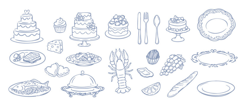 Hand drawn wedding food and dessert doodle icons set with cake dishes and restaurant menu elements vector illustration