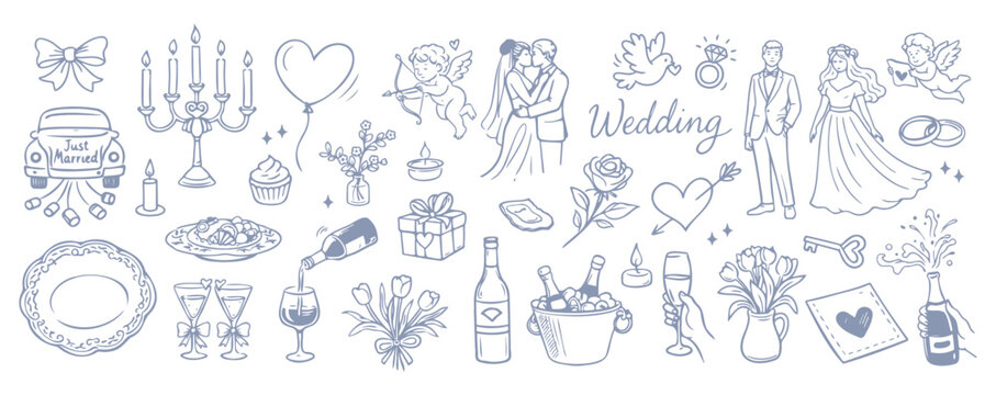 Hand drawn Valentine and wedding doodle set. elegant romantic vector illustration