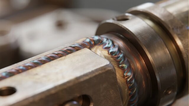 Close-up of a metal workpiece being welded with visible heat-affected zone and spiral weld pattern
