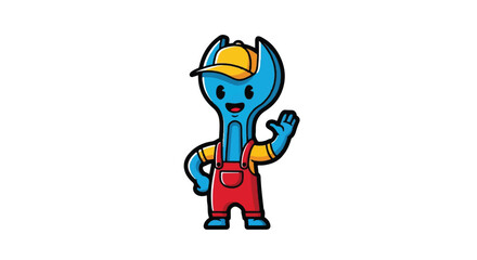 Naklejka premium Cartoon spanner character with smiling face and waving hand on white