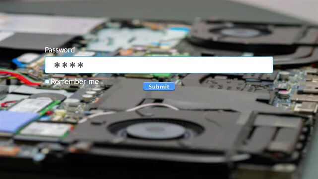 A user types their password into a form box on a computer in an internet browser. The action takes place with computer hardware visible in the background.