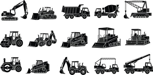 Black silhouette collection of heavy construction machinery icons including excavator bulldozer crane dump truck and road roller isolated on white background for industrial vector design (25 words) © MstLata
