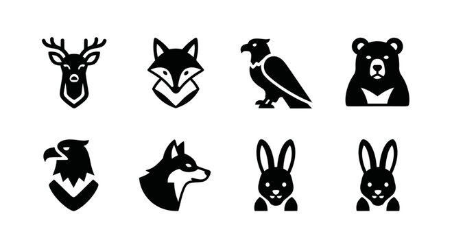 Set of stylized animal icons: deer, fox, eagle, bear, rabbit, wolf