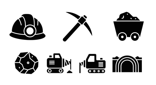 Mining Icons Set: Helmet, Pickaxe, Cart, Ore, Excavator, Mine Entrance