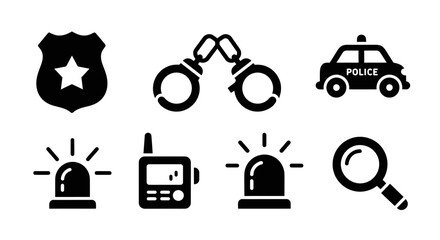 Police Icons Set: Badge, Handcuffs, Patrol Car, Siren, Radio, Magnifying Glass © atha_lintar
