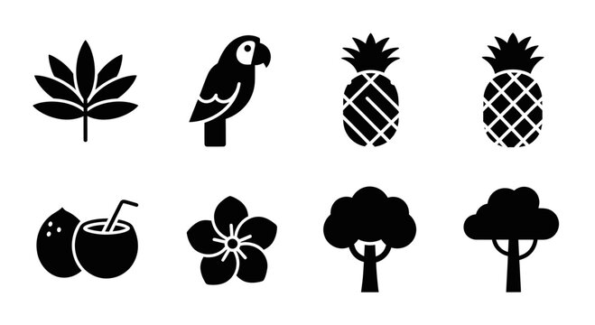 Tropical Elements Icon Set: Parrot, Pineapple, Coconut, Flower, Trees, Leaf
