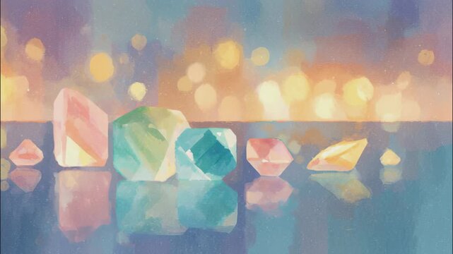 水彩風のカラフルな宝石とボケ光が輝く幻想的な背景素材