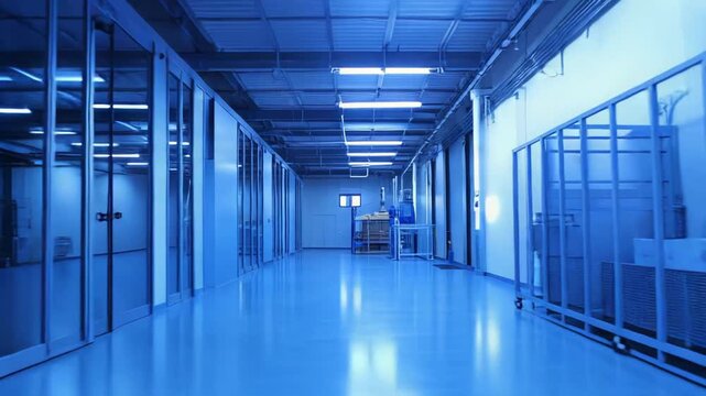 Long empty data center corridor with glass walled server rooms and storage racks, blue overhead lighting reflected on the polished floor conveying high tech, secure infrastructure