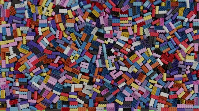 3d animated plastic building blocks cascade from top, filling the screen. Greenscreen background for easy keying. Blocks fall away at end&mdash;perfect for intros or transitions