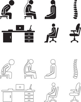 Posture correction concept illustration. Comparison of bad slouching posture and proper upright spine for ergonomic health..eps