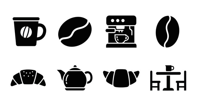Coffee Break Icons: Espresso Machine, Croissant, Teapot, Mug, Table and Beans