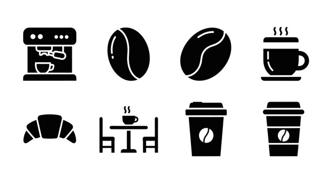 Coffee Icons: Espresso Machine, Beans, Croissant, Cup, Table, Takeaway Cups