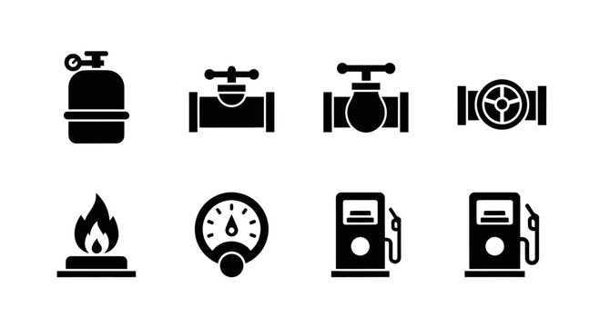 Energy Icons: Gas Cylinder, Valves, Flame, Gauge, Fuel Pump, Meter