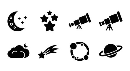 Astronomy Icons: Moon, Stars, Telescope, Comet, Planets, Saturn, Cloud © atha_lintar