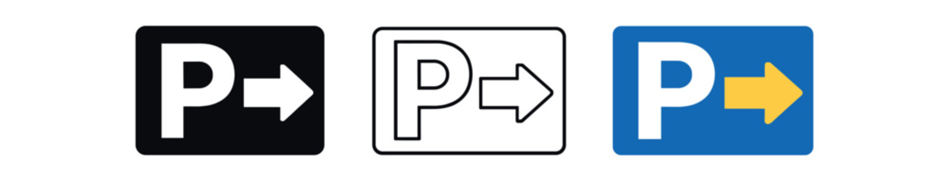 Three parking p icons with right-pointing arrows shown in black, outline, and colored styles.