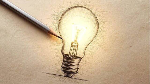 Hand holding a lit pencil draws a glowing lightbulb on textured beige paper, symbolizing creativity and ideas
