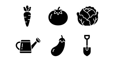 Garden Icons: Carrot, Tomato, Cabbage, Watering Can, Eggplant, Shovel © atha_lintar