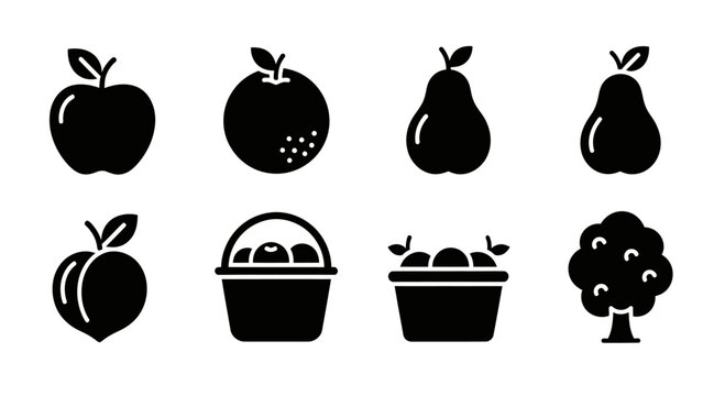 Collection of Fruit Icons: Apple, Orange, Pear, Peach, Basket, Tree - Vector Graphics