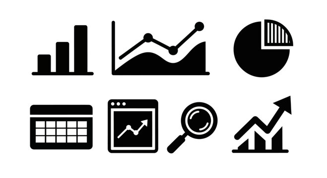 Business Analytics Icons: Bar Chart, Line Graph, Pie Chart, Calendar, Magnifying Glass, Growth