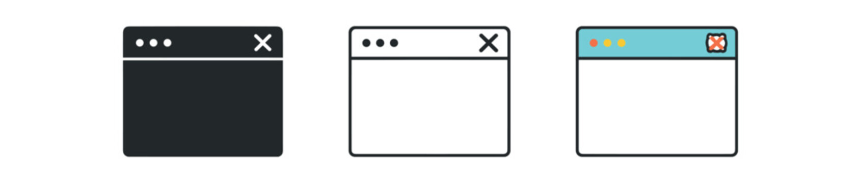 Three browser window icons shown in filled black, outline, and colored styles.