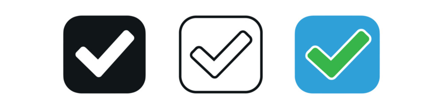 Three square check mark buttons shown as a filled black square, an outlined square, and a blue rounded square with green check.
