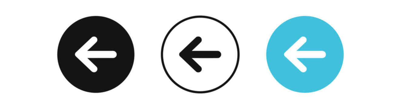 Three left arrow circle icons displayed in filled black, outline, and blue colored styles.