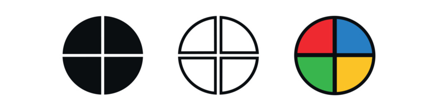 Three circular quadrant icons in solid, outline, and multicolor styles divided by a cross into four equal parts.