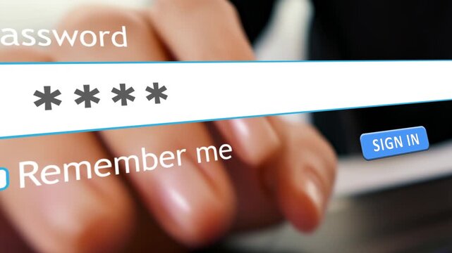 A person types their password into a website form box on a computer. The action takes place in an online setting while ensuring security.