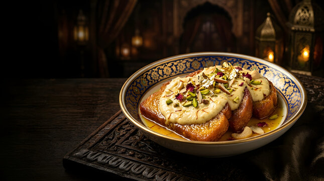 Royal Mughlai Shahi Tukda with Saffron Syrup, Rabri, and Gold Leaf on Dark Background