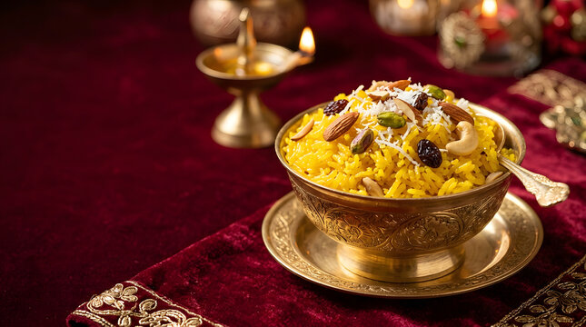 Royal Mughlai zarda rice, bright yellow sweet rice with nuts, raisins, and coconut flakes, served in golden bowl, velvet background