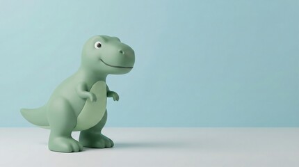 Fototapeta premium Green plastic toy dinosaur standing on white surface with blue background