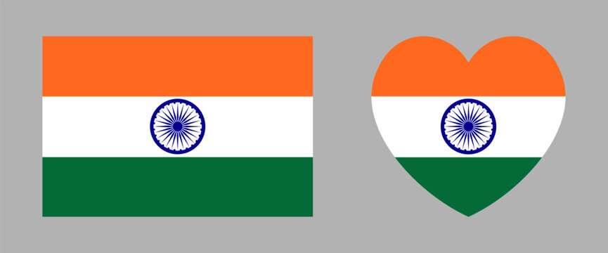 India flag button, icon. Set of heart shaped, rectangle flag of India badges, stickers. National flag of India heart, rectangular signs, symbols, banners, backgrounds.