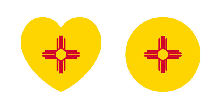 New Mexico flag heart shaped, circle icons, badges set. New Mexico state round, heart flag templates, stickers. Flag banner, background, push button, design element.	