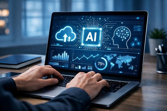 Person working on laptop with AI and cloud computing interface.